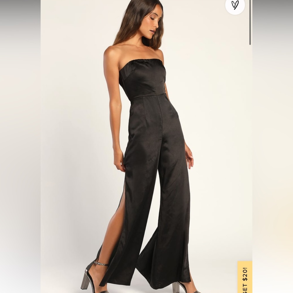 NWT Black Satin Strapless Wide-Leg Jumpsuit